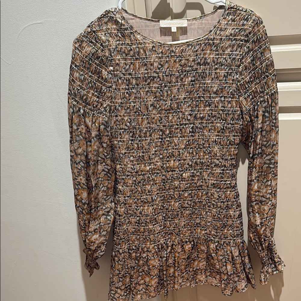LoveShackFancy Brown Tan Smocked Ruffled Mini Dress